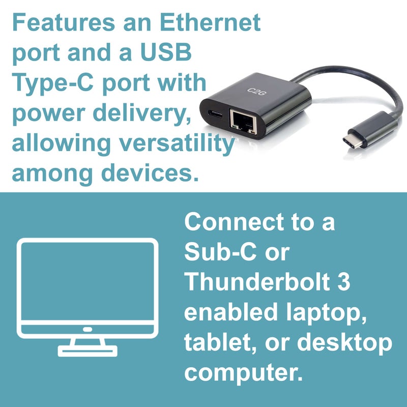 C2G 29749 USB C Adapter and Ethernet Adapter with Power, Black - Image 2
